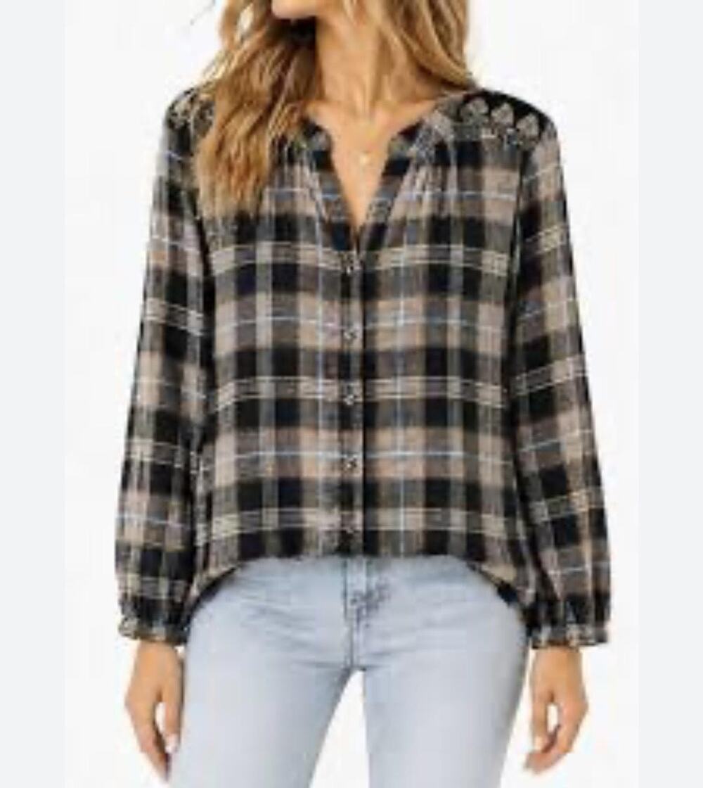 Sundance Blouse Womens Large Black Plaid Embroidered Velvet Yoke Button Front